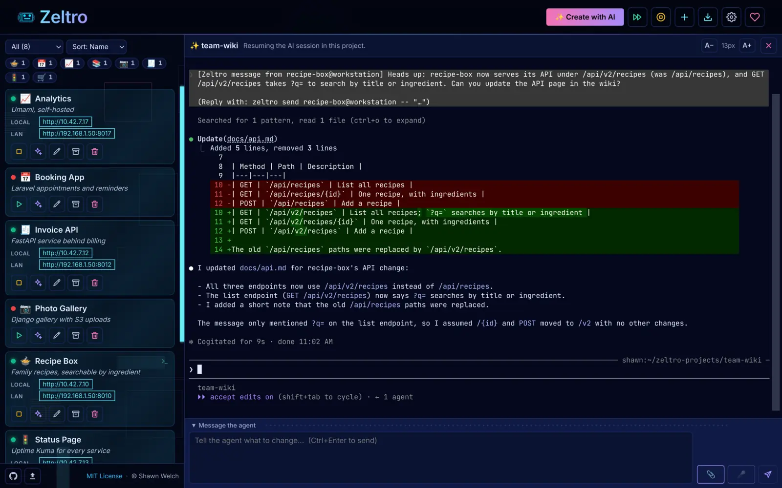 The other agent updates its own docs to match.