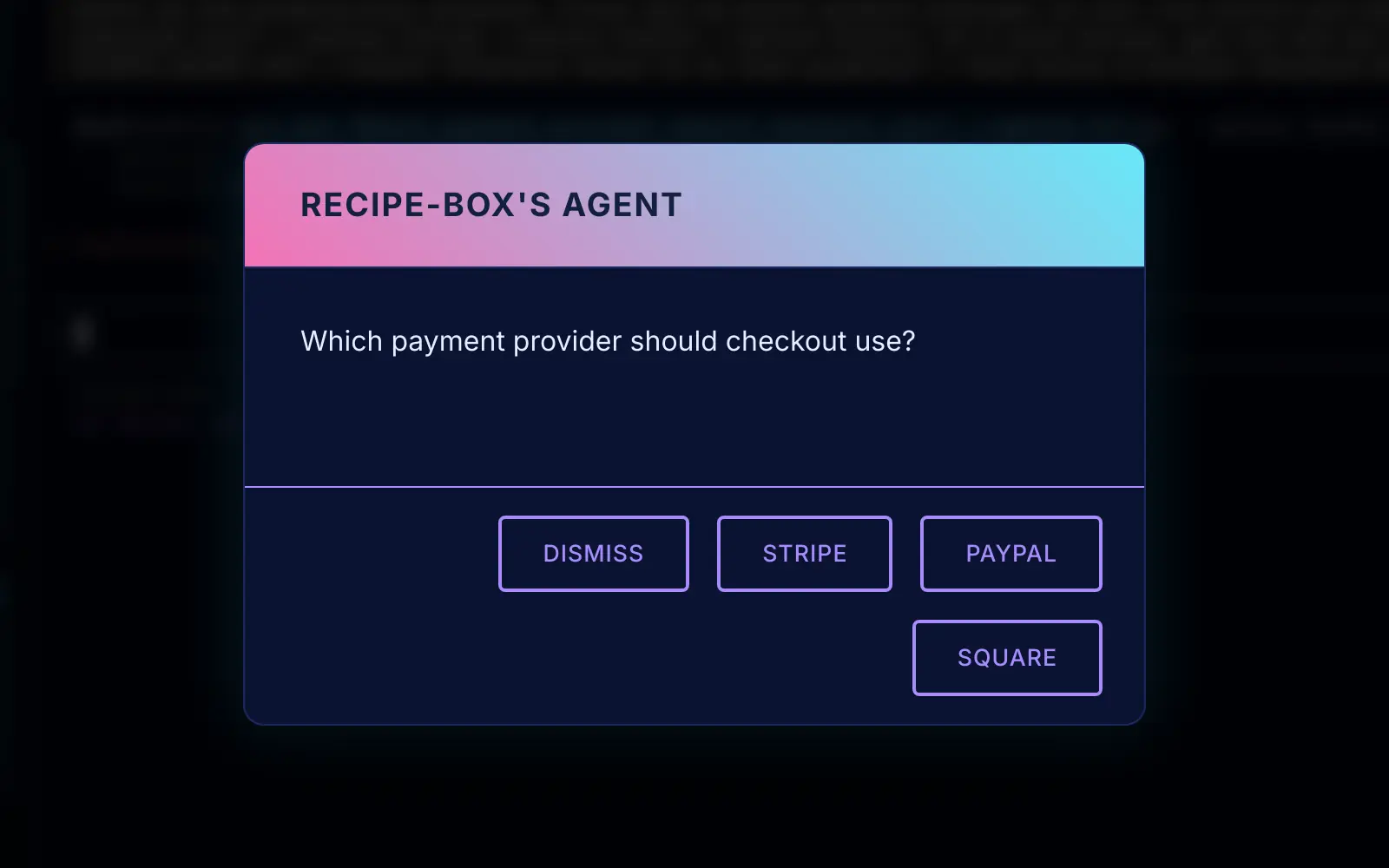 An AI agent working on the recipe-box project asks, in a Zeltro dialog, which payment provider checkout should use: Stripe, PayPal or Square
