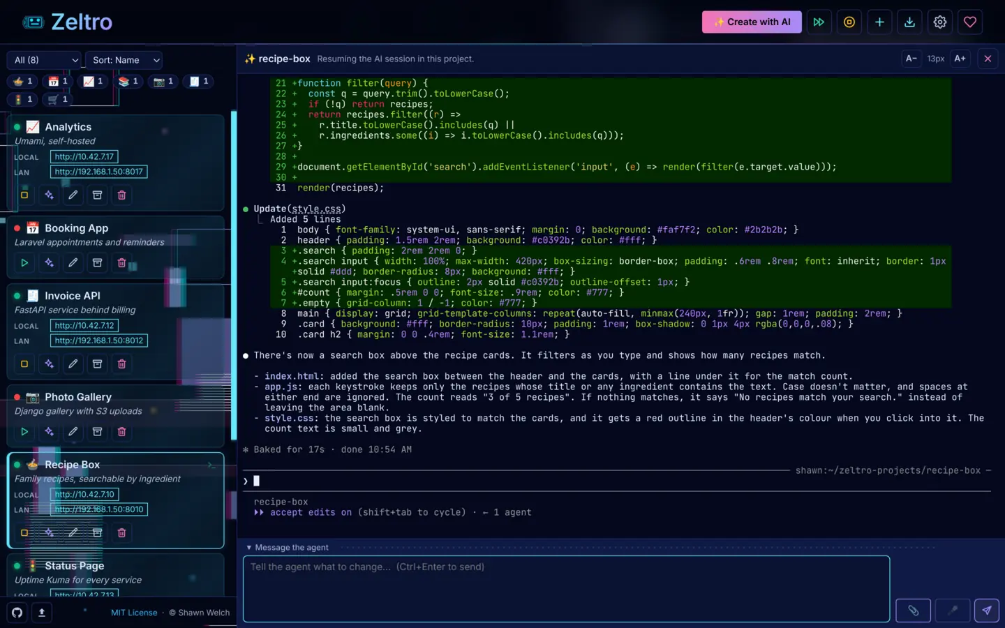 The Zeltro app: a sidebar of projects with running lights and addresses, and beside it a Claude Code session that has just added a search box to a recipe app, showing its code changes and summary, with a message box underneath for the next prompt